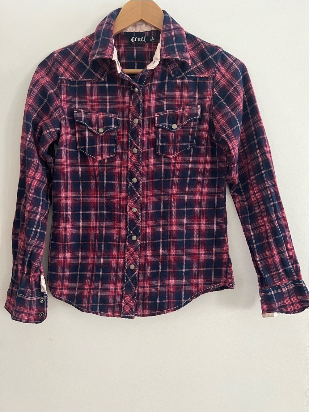 Cruel Girl Pink and Navy Plaid Snap-Down Shirt
